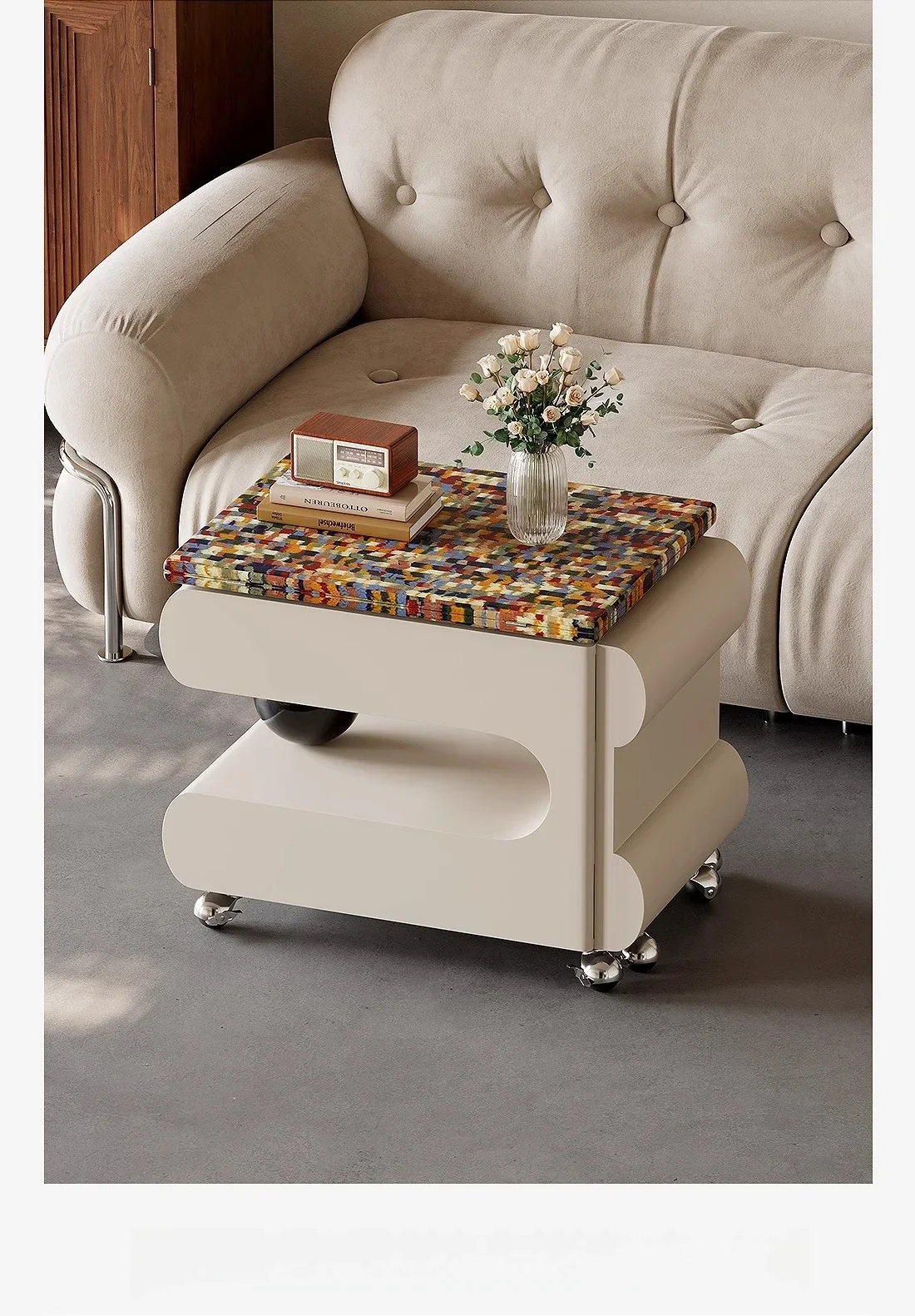 Table basse pliante mobile, table d'appoint multifonctionnelle et créative avec chariot rétractable