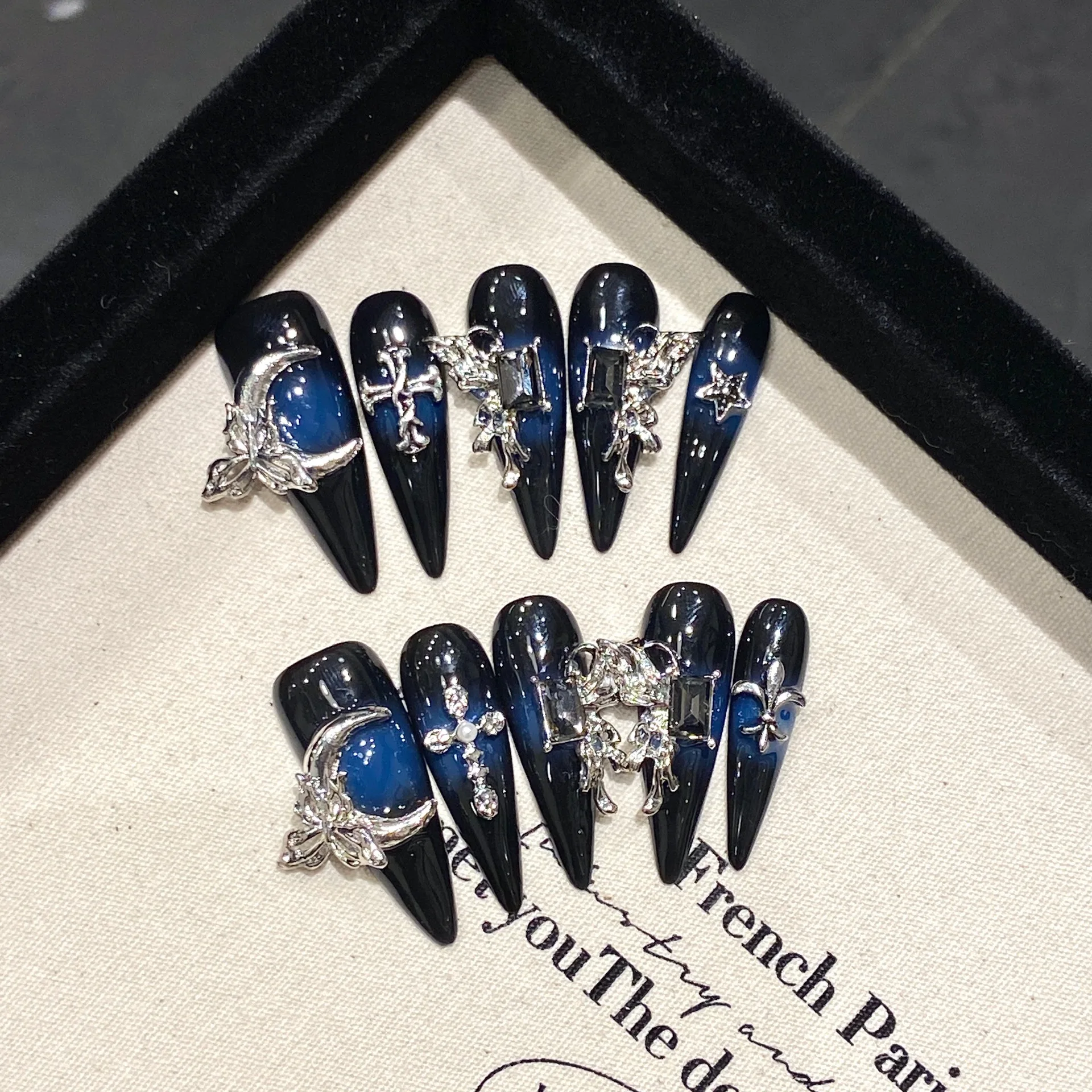 Nocturne Cyan Cyber Gothic Press On Nails Extra Long Stiletto Black-Cyan Gradient Mirror Metal Cross Rivet Thorn Rhinestone Heav