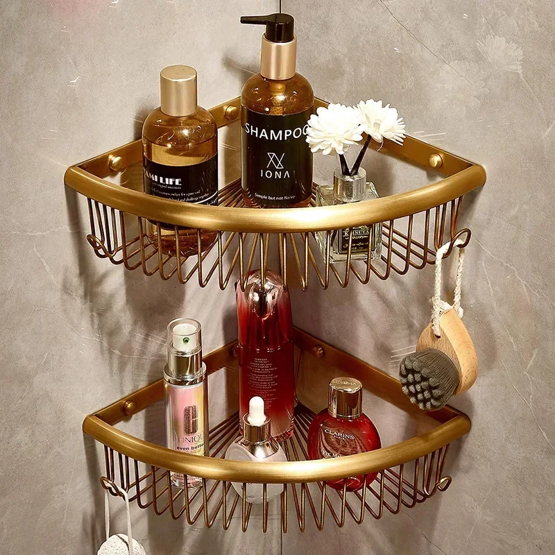 

Antique bathroom storage rack all copper wall mounted storage corner rack bathroom shower room triangular mesh basket wall shelf