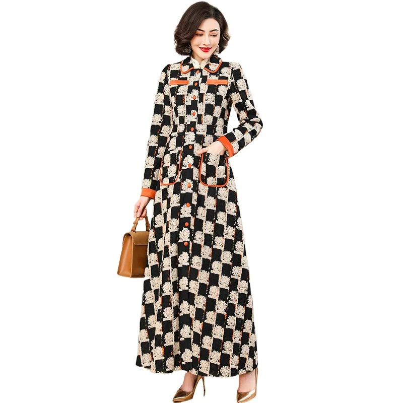 

2025 модный шерстяной плащ с карманами в клетку, офисные женские однобортные куртки, корейские длинные пальто, верхняя одежда для девочек