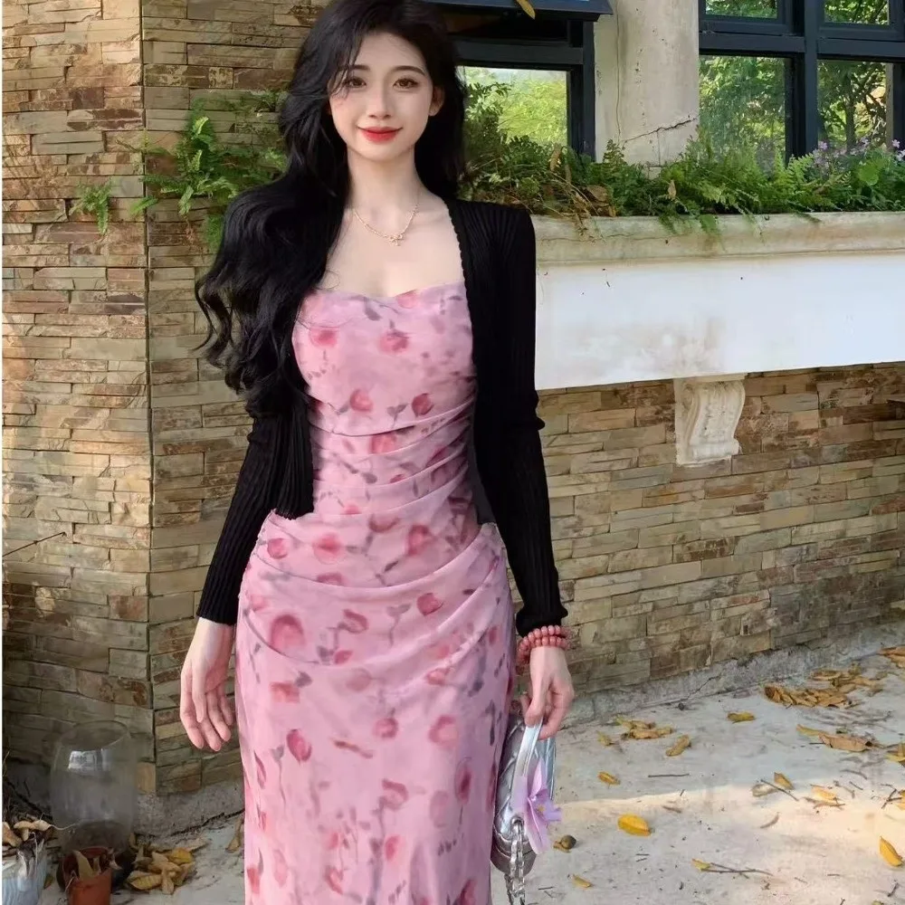 

Приталенное длинное платье с цветочным принтом без рукавов, элегантное женское платье-макси, уличная одежда в корейском стиле, платье-комбинация для девушек, подарок для девочек