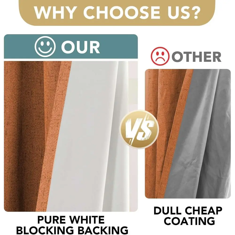 Thermoisolierte Vorhänge aus orangefarbenem Leinen, 52 x 96, Volllichtblock, 2-teiliges Set für Schlafzimmer und Wohnzimmer