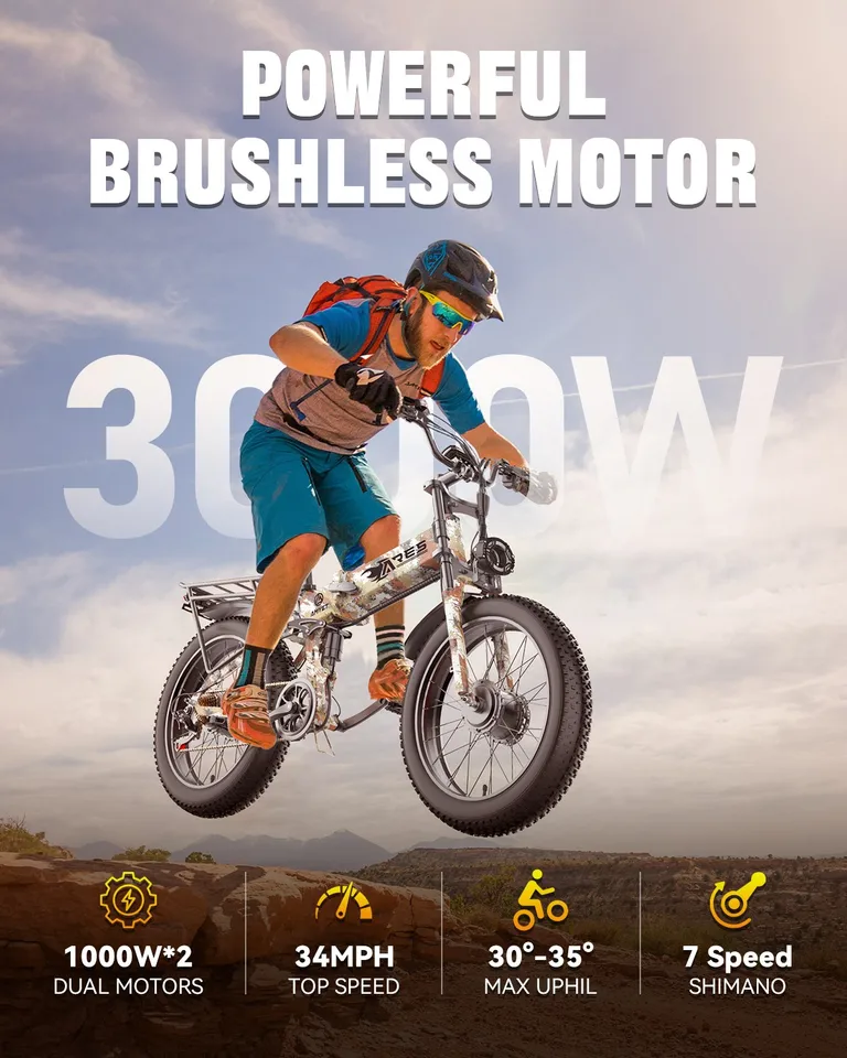 Electric Bike 2000W 52V 25AH AWD Dual Motor 24" Fat Tire Folding Camping image 4