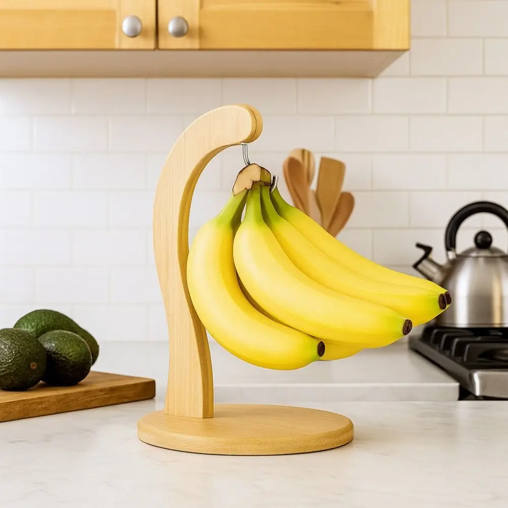 New Wooden Banana Holder Keep Fresh with Hanging Hook Fruit Storage Rack Space Saving Suspension Type Banana Rack Kitchen