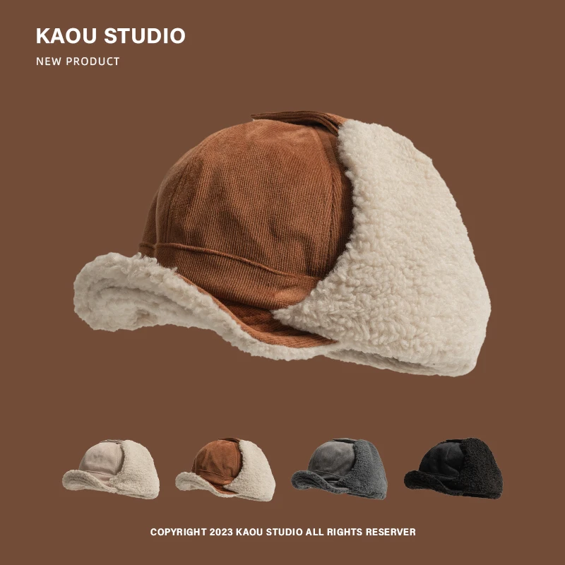 

Ins Casual Retro Imitation Lamb Wool Ear Protection Bomber Cap Autumn and Winter Warm Thickened Harajuku Simple Pilot Hats Women