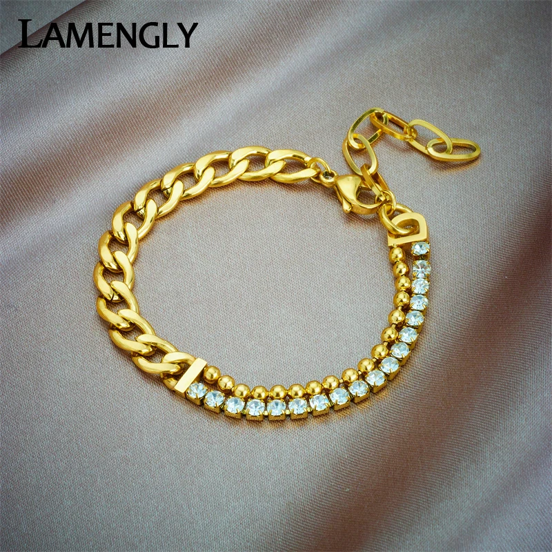 LAMENGLY 316L Stainless Steel Asymmetric Zircon Crystal Bracelet For Women Girl New Trend Thick Chain Bangles Jewelry Party