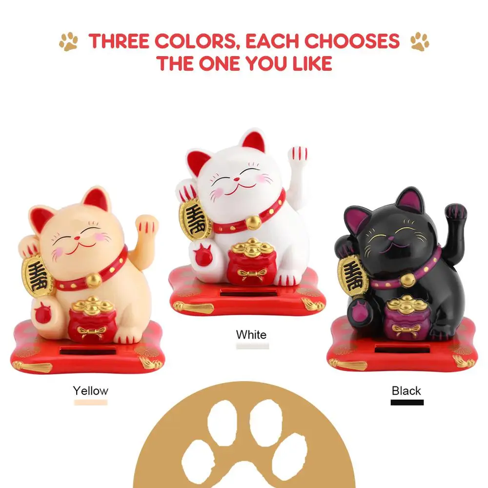 Solar Powered Maneki Neko Lucky Cat Welcoming Chinese Lucky Cat Waving Hand Beckoning Fortune Cat Figurines For Home Decor