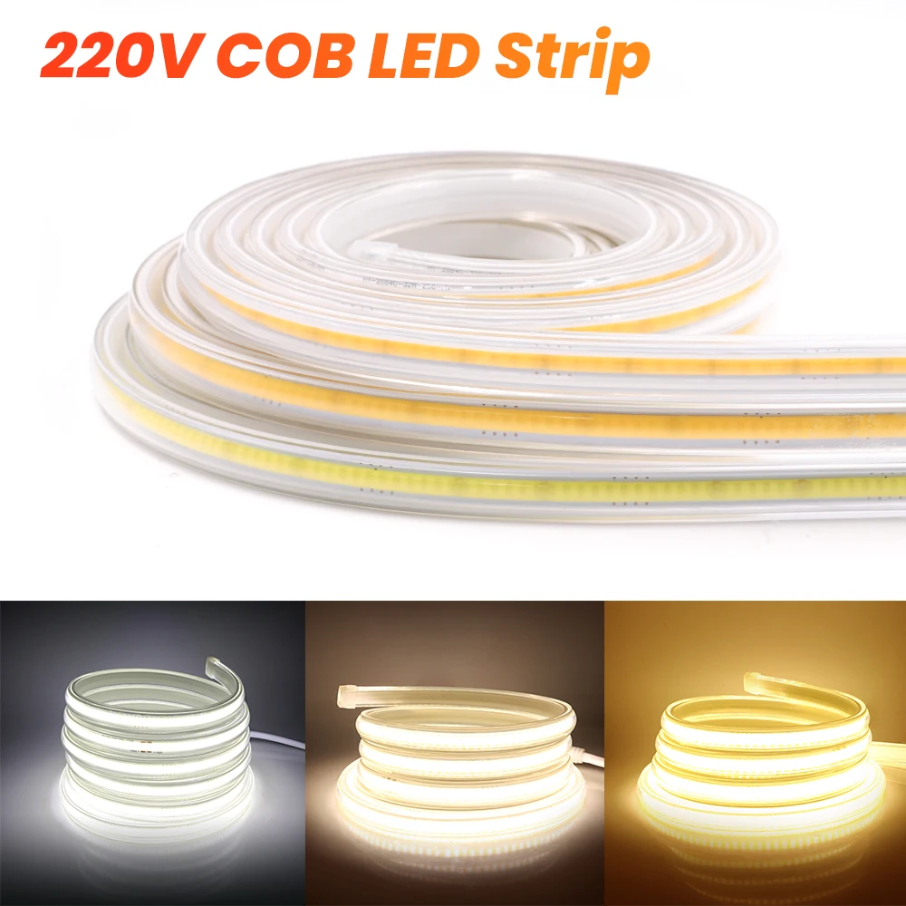 COB LED Strip 220V 360LEDs/m Super Bright Flexible Waterproof Light Stripe Diode Tape Rope Lamp EU Plug Cold/Natural/Warm White