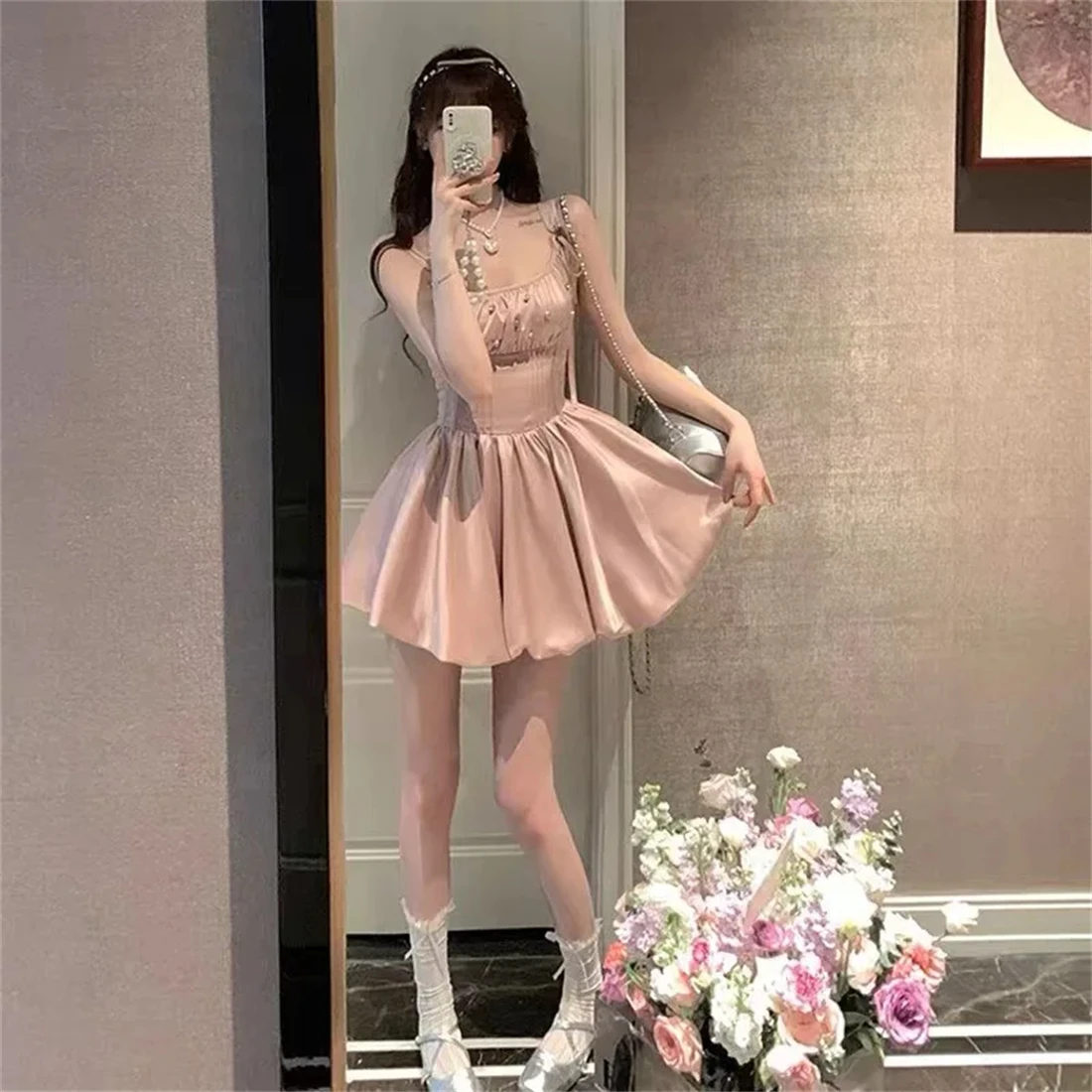 Sweet Elegant Pink Fishbone Suspender Dress for Women's Summer High Waist Lace Up Backless Party Dress Bud Short Bubble Dresses