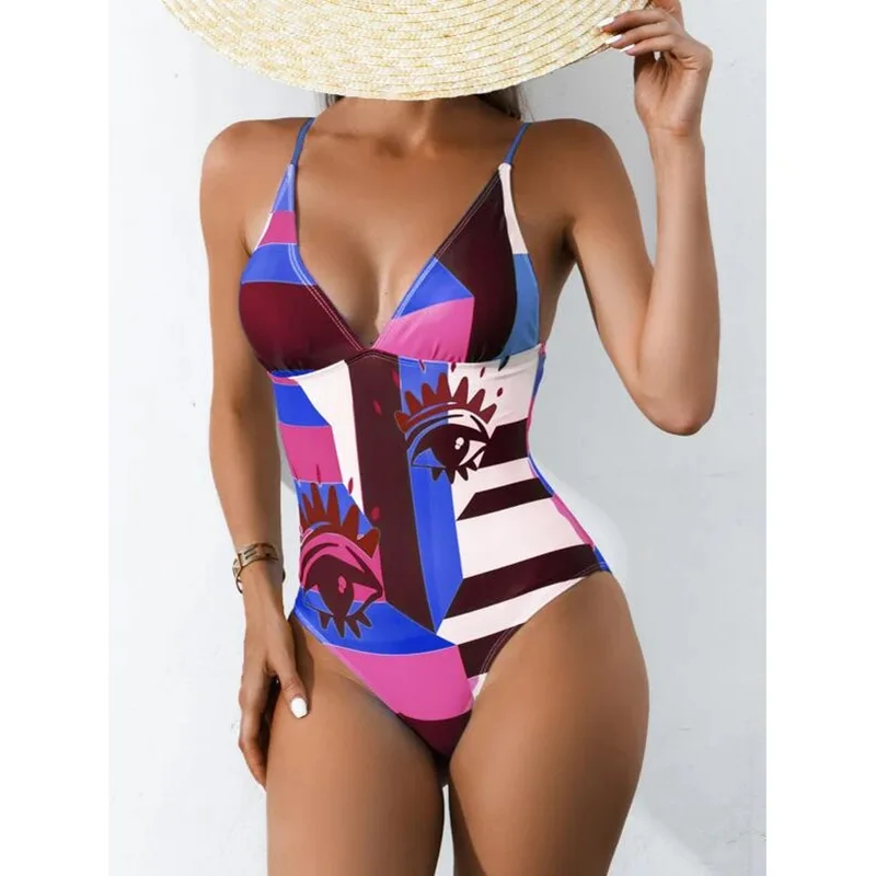 Women's Swimsuit 2022 New One Piece Patchwork Color Sexy Vintage Retro Print Plus Size Swimwear Tummy Control Bathing Suit