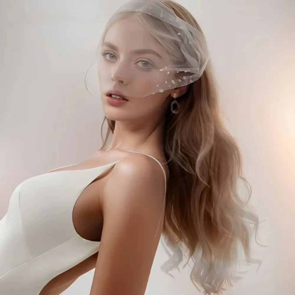 Elegant Soft Tulle Bridal Veil White Short Length Blusher Veil Breathable Handmade Pearls Side Comb Veil Wedding Ceremony
