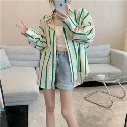 Korean New Spring and Autumn Women's 2024 New Patchwork Polo Collar Button Striped Fashion Loose Casual Long Sleeved Shirts