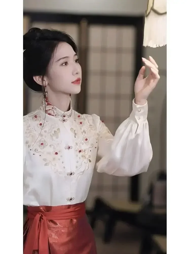 ขนาดใหญ่จีน Hanfu เสื้อและ Horse Face ชุดกระโปรงเสื้อผ้าผู้หญิง PLUS ขนาด High End เสื้อสีแดงทอง Horse Face ชุดกระโปรง