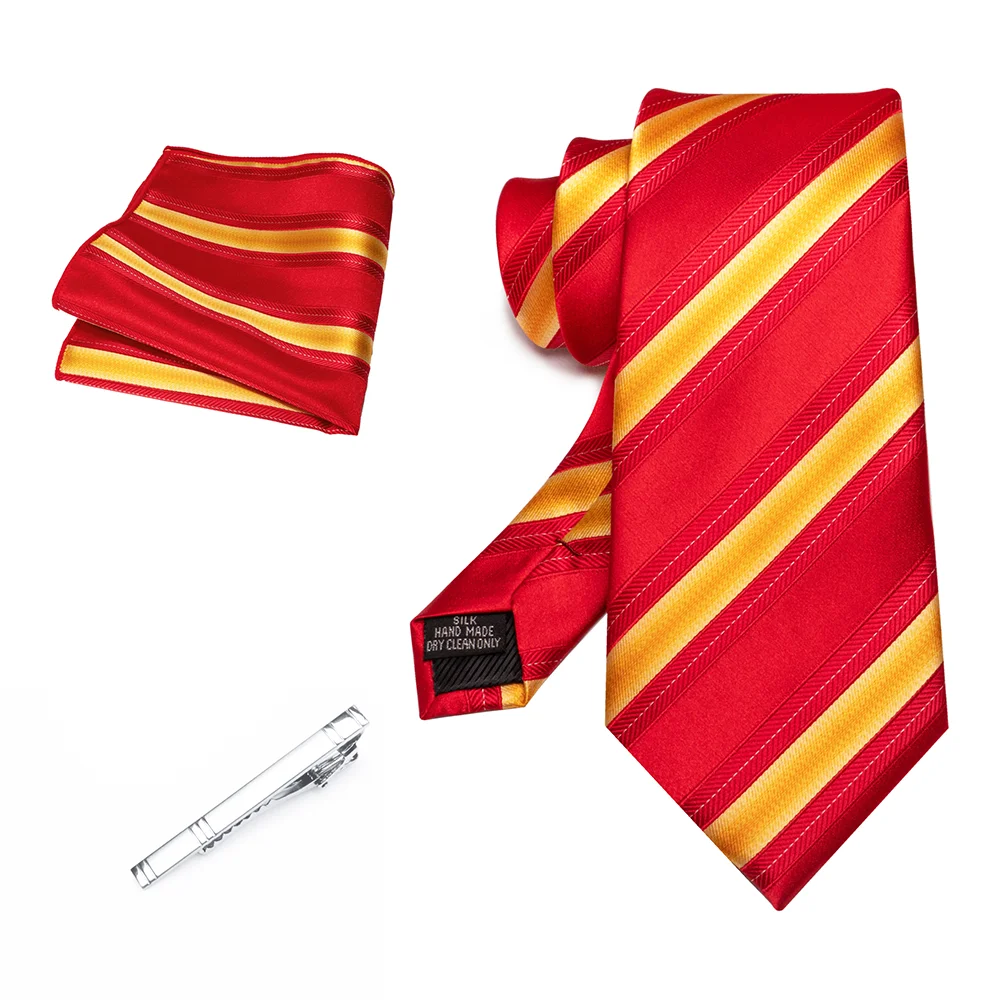 Herren Marineblau Krawatte Rot-Grün Gestreiftes Krawattenset Glänzender Clip Hochwertiges Einstecktuch für Business-Anzüge Anlässe Hochzeit Party – Detail 8