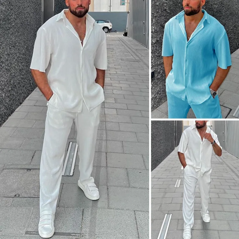 

Men's Casual Loose Beachwear Solid Color Striped Short-sleeved Suit