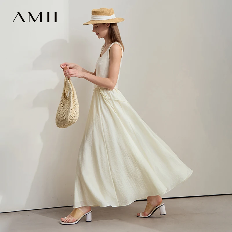 Amii Minimalist New Summer Knee Length A-line Skirt Women Adjustable Drawstring Solid Color Commuting Style Loose Skirt 12522025