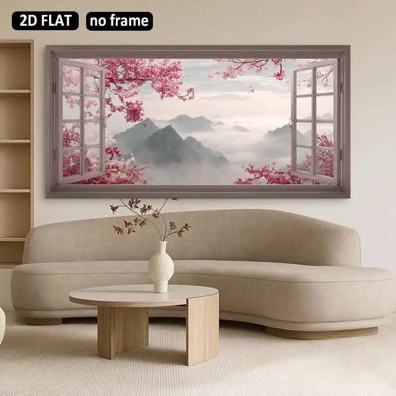 [2D Flat]1pc 23.6X47.2in 60cmX120cm UnFramed Modern Art Decoration Cherry Blossom Scenery Through