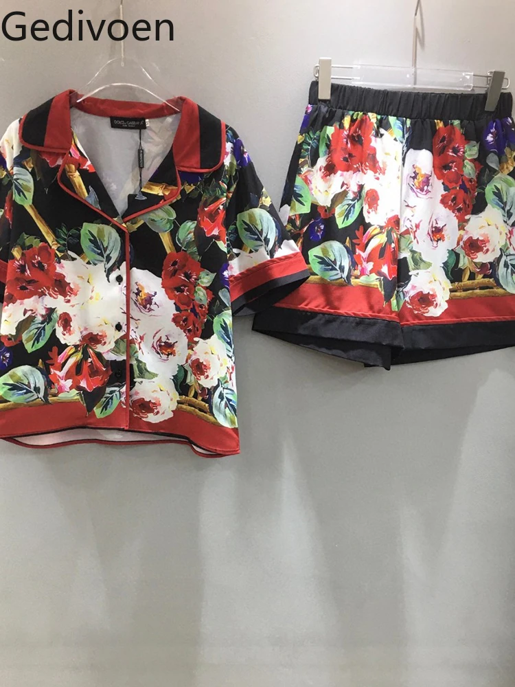 Gedivoen Summer Fashion Runway New Designer Women Floral Print Short Set Single Breasted Shirt+Elastic Waist Shorts 2 Pieces Set