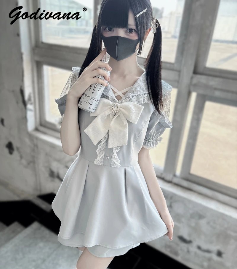 Cute Japanese Style Mass-Produced Water Color Lace Short Sleeve Top and Shorts Suit New Girl Women's Summer Outfit Shorts Set