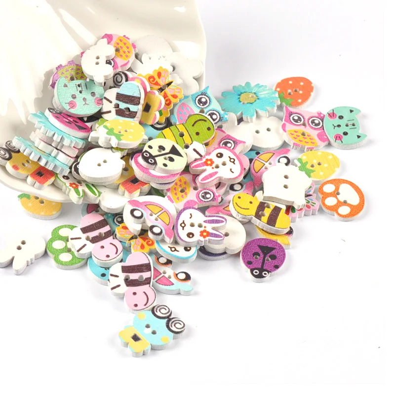 50pcs 1-2cm Mixed Mini Wood Animal Buttons Handmake Scrapbooking Crafts Sewing Clothing Accessories Cartoon Dog Cat Painted