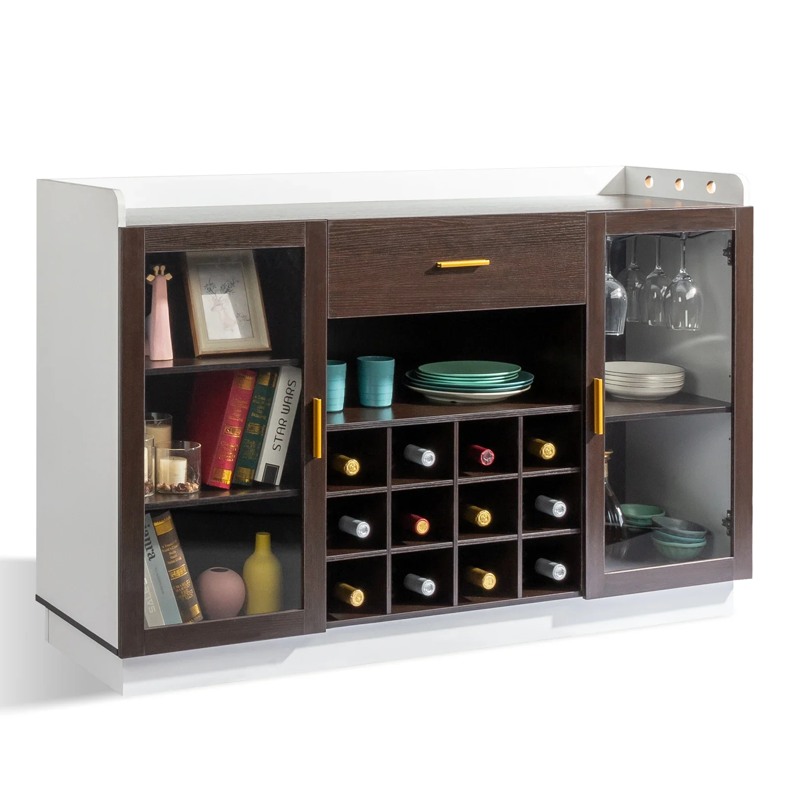 باب زجاجي مزدوج مع درج واحد وخزانة جانبية لرف النبيذ بـ 12 زجاجة بإطار أسود + لوحات داخلية باللون الأبيض والبني #2