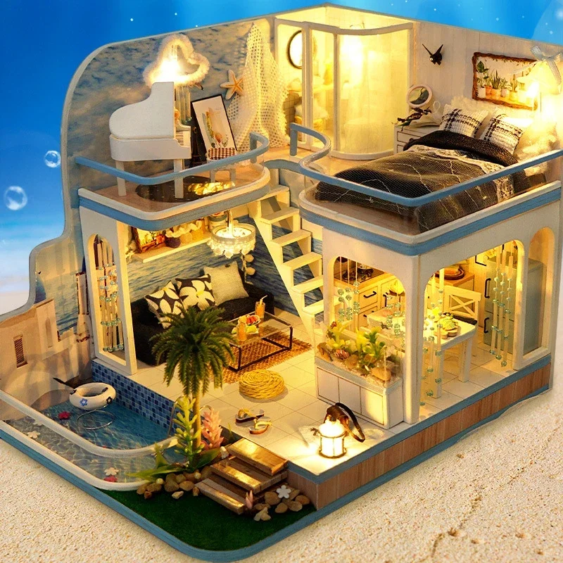

DIY деревянные кукольные домики Ocean Casa, миниатюрные строительные наборы, кукольный домик с мебелью, светодиодные фонари для девочек, подарки ручной работы на день рождения