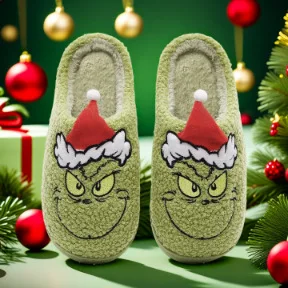 جديد عيد الميلاد الأخضر فروي الوحش النعال الخريف والشتاء المنزل النعال الرجال والنساء لينة سوليد فروي الأحذية هدية #1