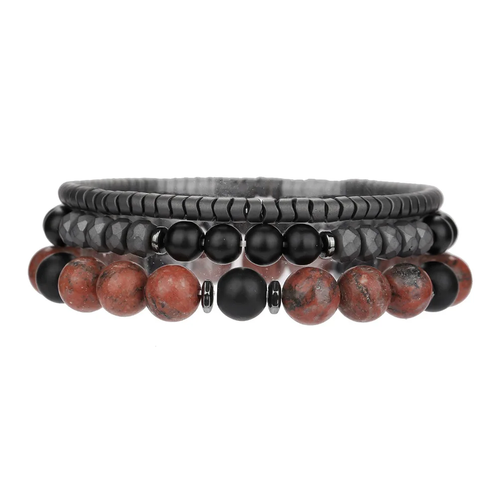 

Персонализированный ретро-браслет из красного кирпичного камня с круглыми бусинами, многослойный, на эластичной нити, набор из 3 браслетов для мужчин, модные украшения