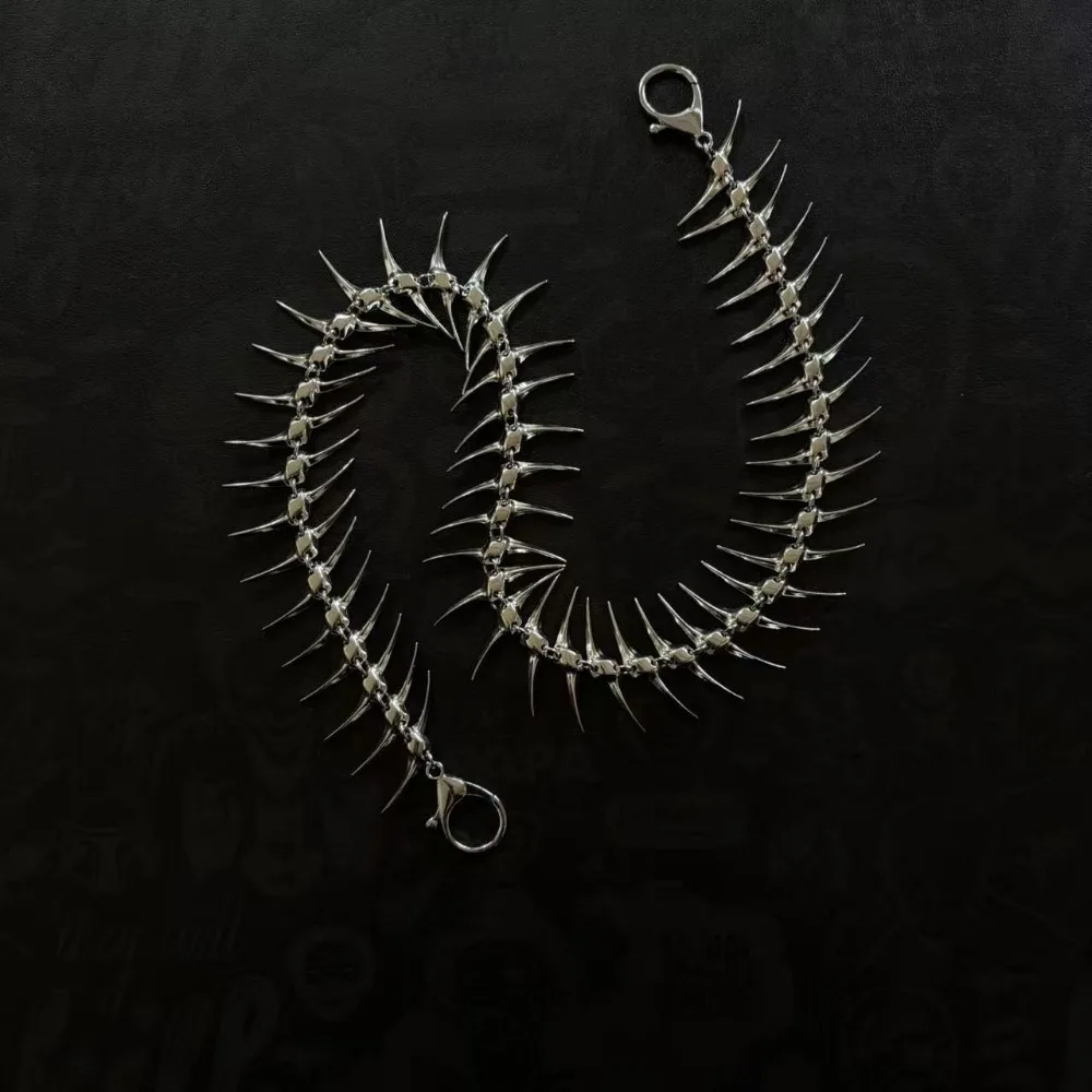 Hip-hop Punk Sliver Color Spikes Fishbone Skeleton Waist Chain for Men Women Fashion Trouser Chain Bag Hanger Chain Body Jewelry