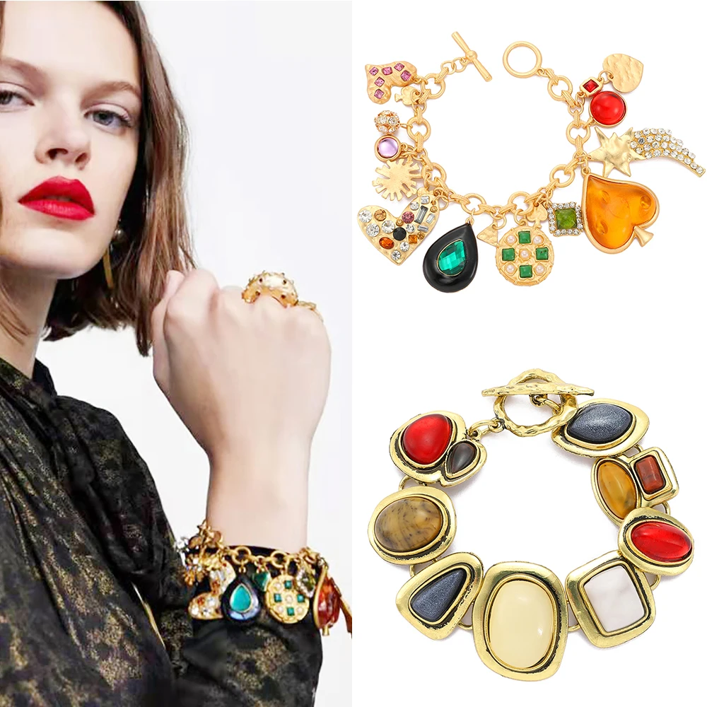 Golden Pendant Bracelet For Women 2022 Trend Vintage Luxury Punk Gothic Heart Geometric Colorful Crystal Stone Bracelets Jewelry