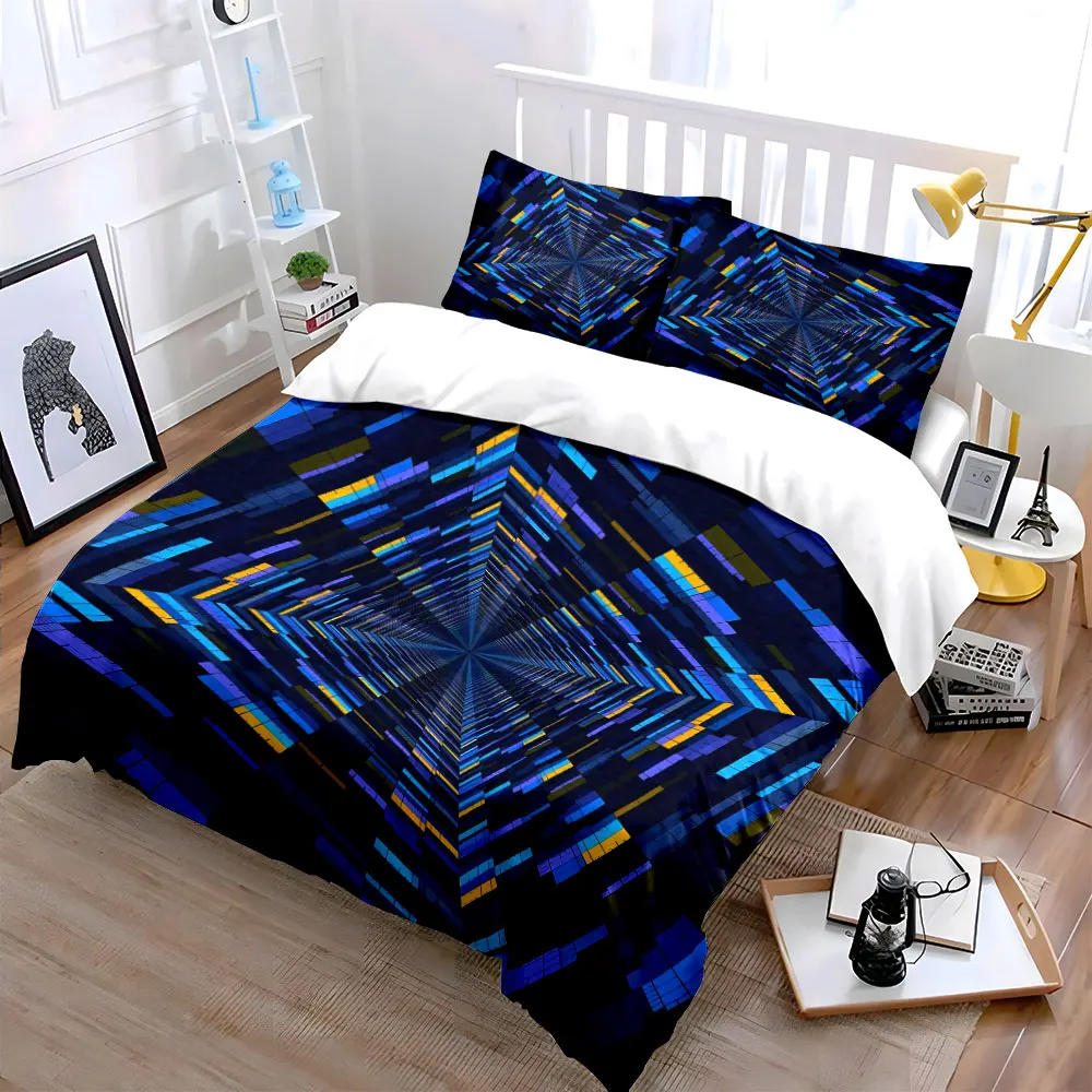 Abstract blue and yellow tunnel pattern Bedding Set for Kids Luxury Gift 3pcs Digital Print Comforter Set Soft Comfortable