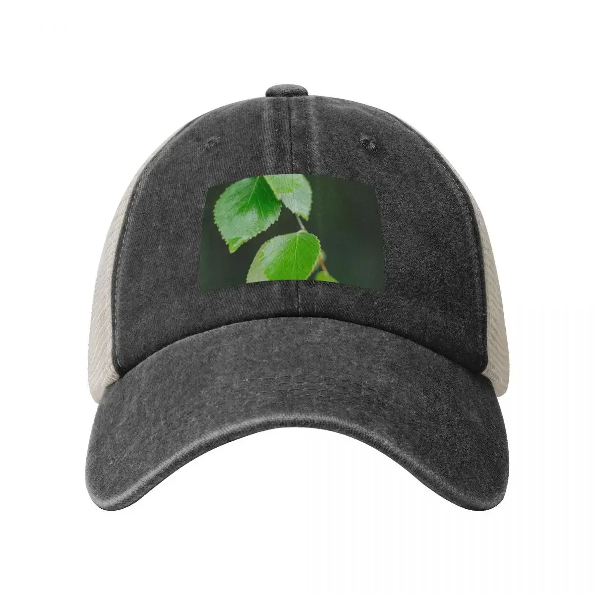 green birch leaves with drops of water after rain closeup Baseball Cap Wild Ball Hat hiking hat Woman Hats Men's