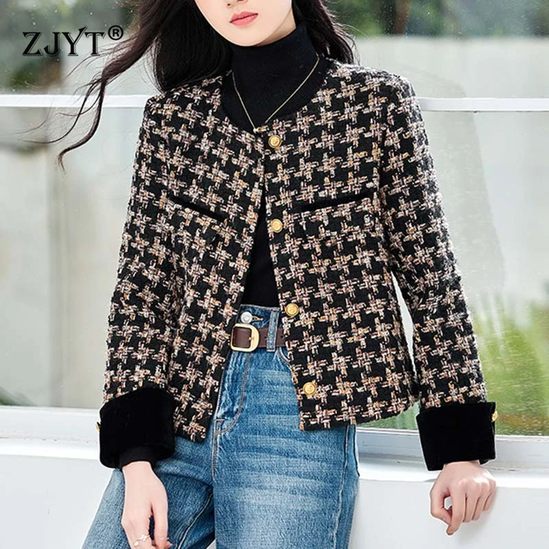 

ZJYT 2024 New Vintage Tweed Woolen Women's Jacket Autumn Winter Outerwears Long Sleeve Single Breasted Casual Short Coat Female