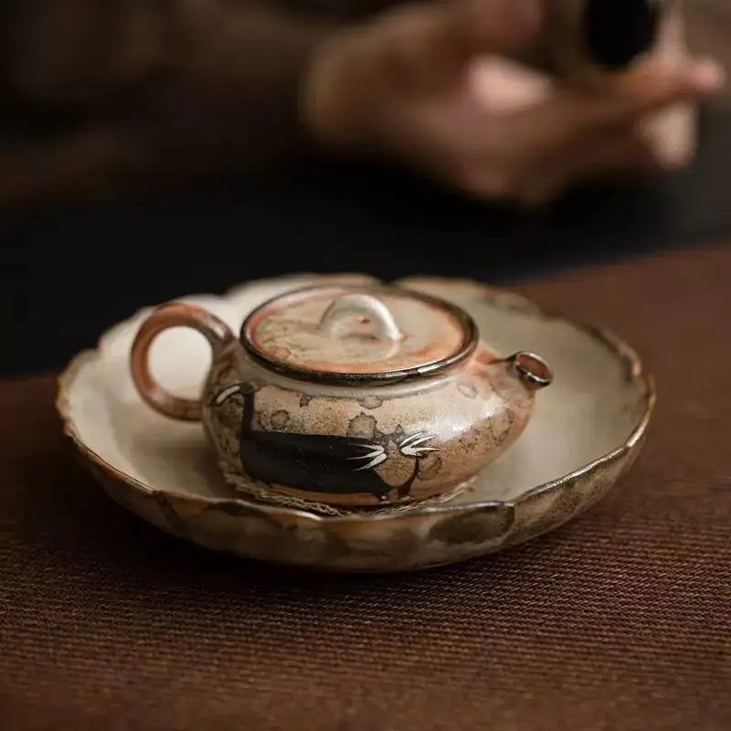 80ml Kiln Transformation Zhiye Cat Stone Pot Hand-painted Silver Lid Mini Pot Brewing Tea Ball Hole Filter Kettle Gongfu Teaware