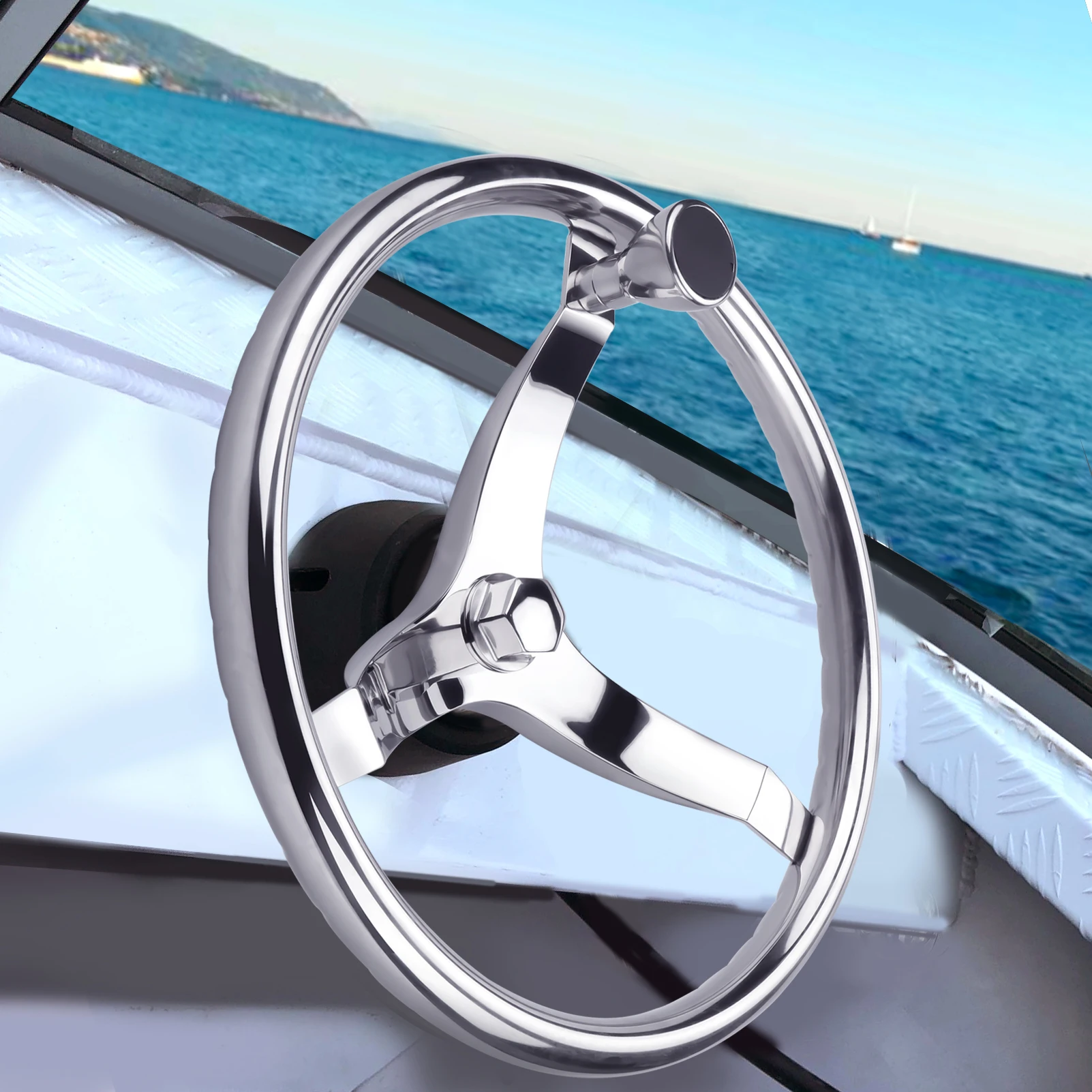 Volant Poli en Acier Inoxydable pour Bateau Marin, avec Bouton de Commande 13.5 Pouces, pour Barre de Câble Teleflex, avec Écrou 5/8 Pouces