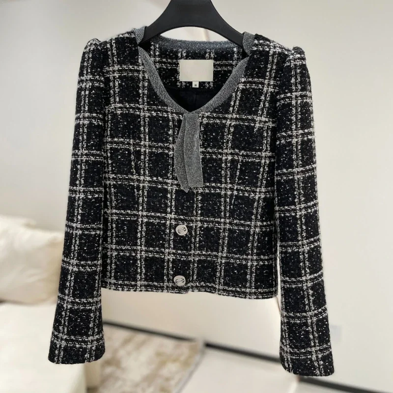 

Women Sweet Black Plaid Tweed Short Coat Autumn New Small Fragrance Vintage Spliced Bow Collar Puff Long Sleeve Winter Jacket