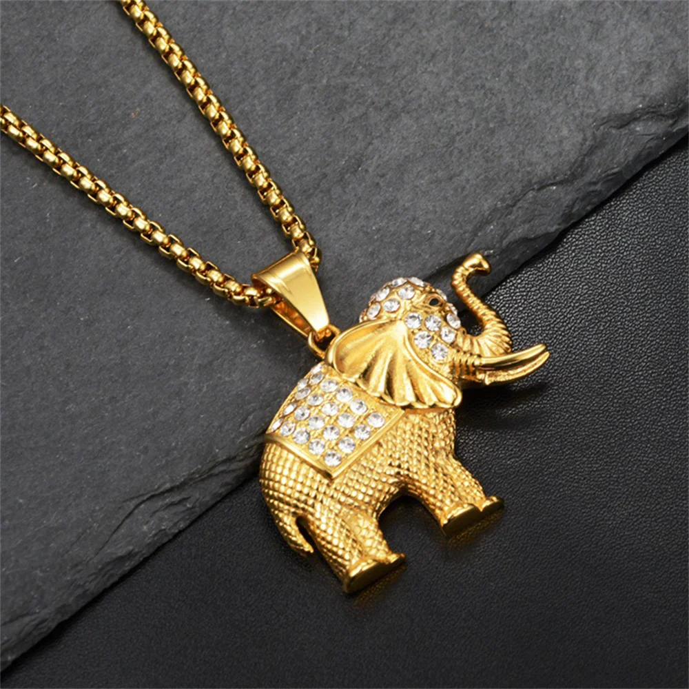 Hip Hop Iced Out Elephant Pendant Female Gold Color Stainless Steel Zirconia Animal Necklace for Women Men Luxury Jewelry Gift