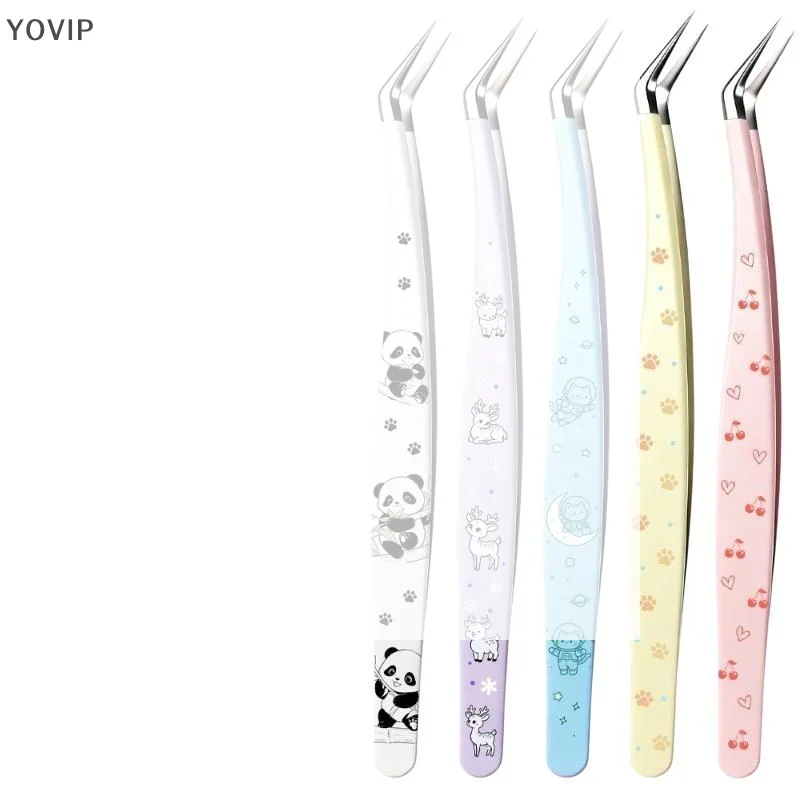 /YOV/1pc Stainless Steel Curved Stickers Tweezers Anti-static High Precision Hand Account Craft Tweezers Cartoon Style