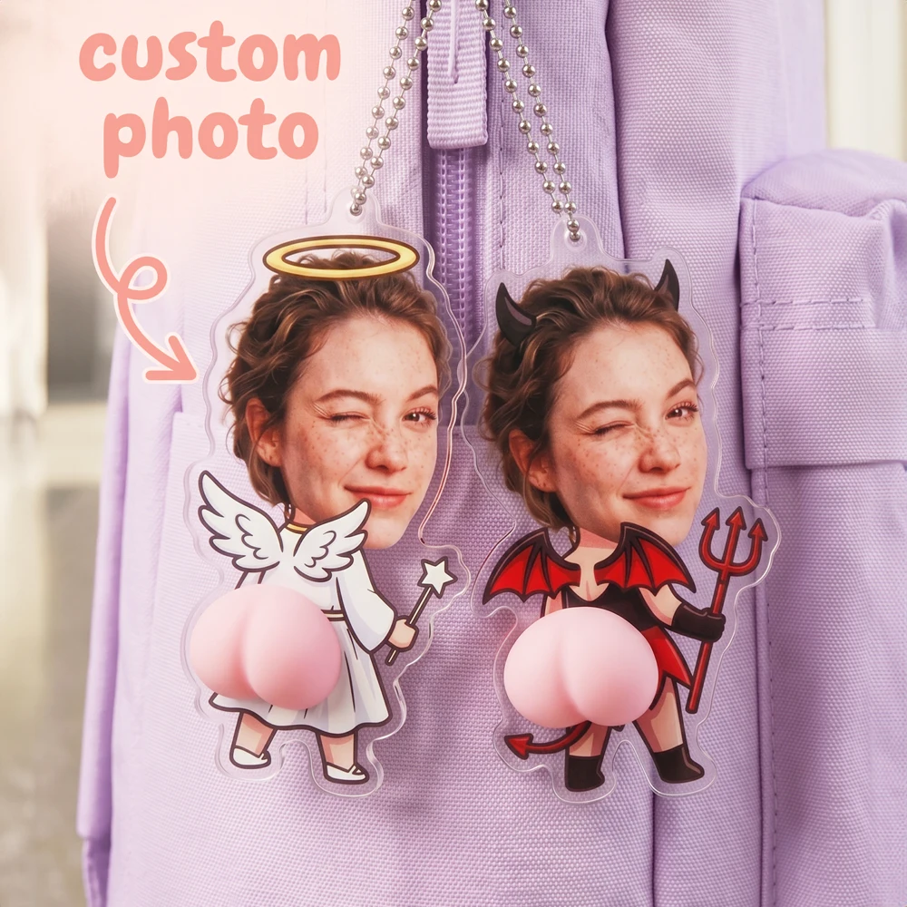Custom Photo Butt Keychain,Angel & Devil Themed Acrylic Pendant,Prank Lovers,Gift-Givers,Backpack Decoration,Car Keychain,Birthd