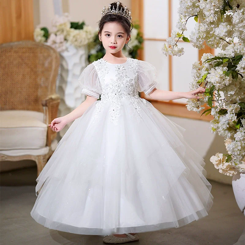 

Fashion Flower Girl Dresses for Weddings Lace Short Sleeve Girl Evening Gown Summer New Childreng Bridesmaid Dresses 3-10 Years