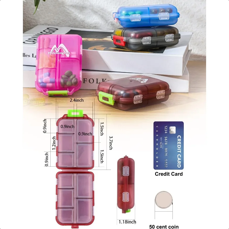 4PS Travel Pill Organizer with 164 Slice Labels 10 Compartments Travel Pill Box Portable Folding Small Pill Case Daily Pill Con