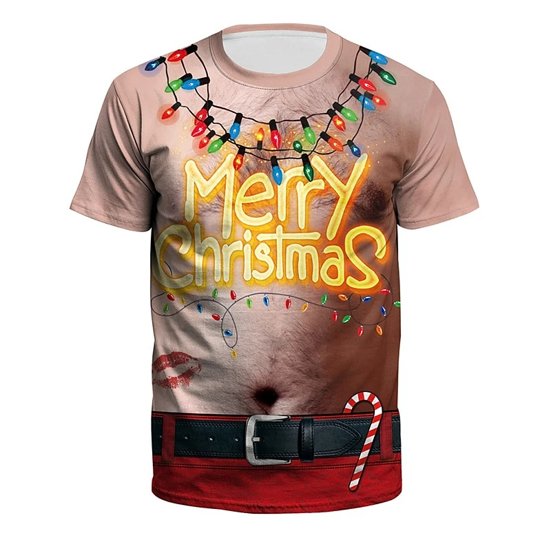 Fun Christmas pattern T-shirt, fashionable short sleeved men's and women's 3D printed T-shirt, casual oversized Harajuku T-shirt