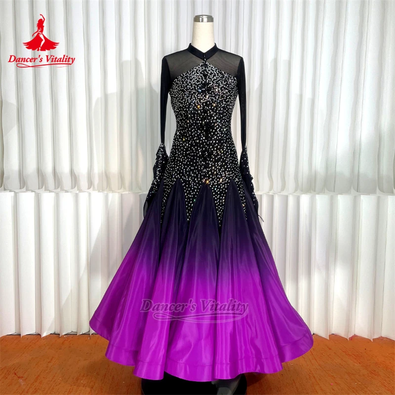 

Черно-фиолетовое шифоновое платье с градиентом цвета для бальных танцев, элитное платье на заказ для взрослых и женщин, наряд для конкурса вальса, жизненность танцора