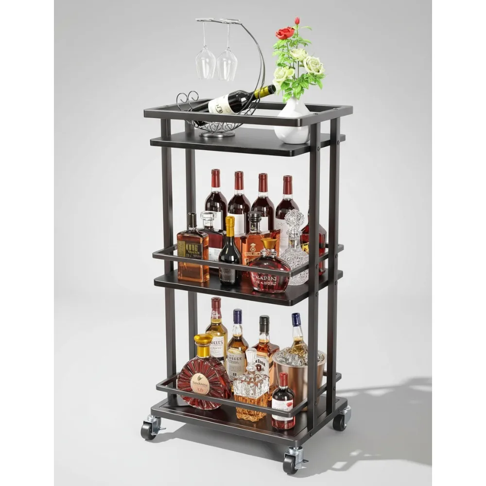 

3-Tier Rolling Bar Cart with Wheels - Rustic Industrial Style for Kitchen, Living Room & Party Serving