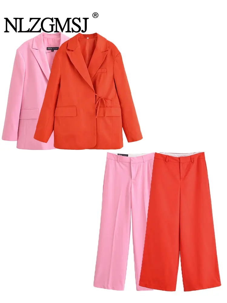 

Vintage Casual Chic Solid Women Suit V-Neck Long Sleeve Top Loose Straight Pants New Fashion 2025 Autumn Suits