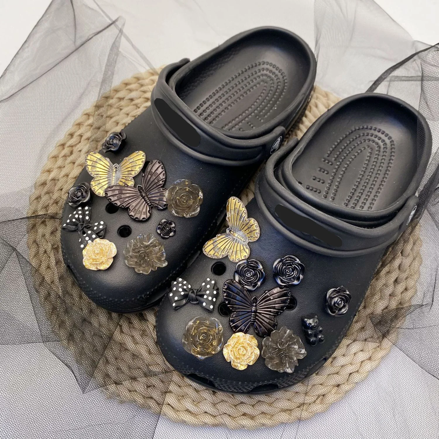 【19pcs】Clogs DIY Accessories Dark Style Gold Foil Butterfly Detachable Shoe Charm Flower Suitable for Hole/Slippers Gifts