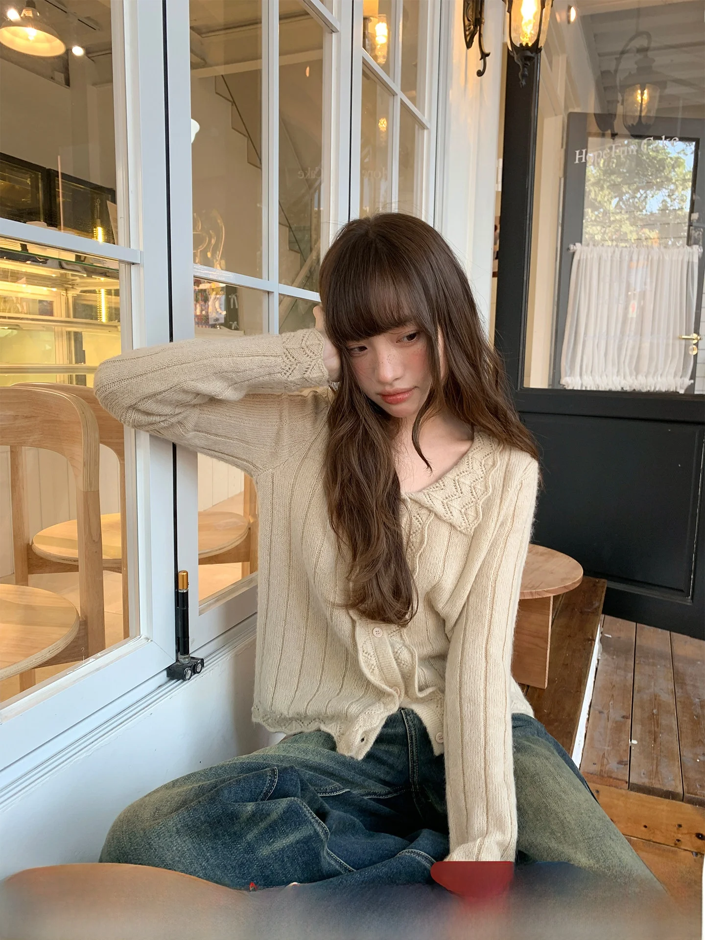 

Hello Vintage Knitted Open Cardigan Women's Spring New Lazy Sle Design Sense Top Hook Flower Collar Ribbed Knitwear