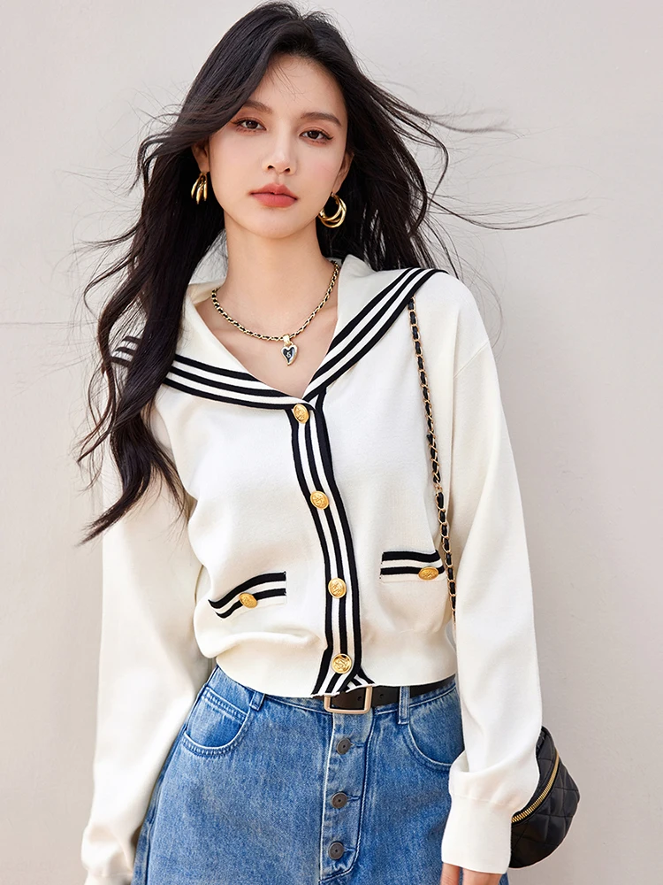 ​​​Preppy Style Sailor Collar Knitted Cardigan Women Autumn New Korean Fashion Long Sleeve Sweater Single Breasted Short Coat