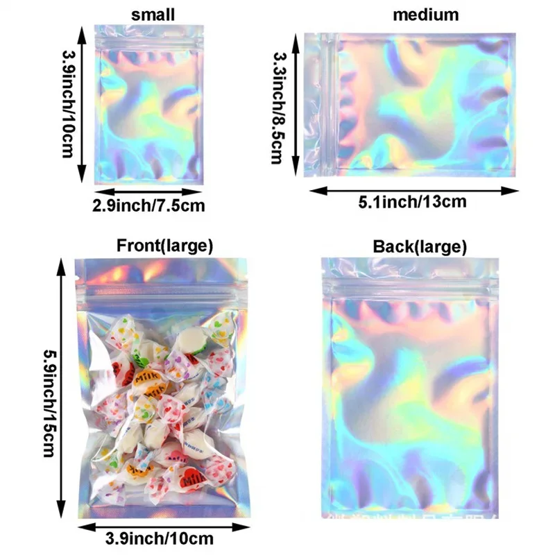 200 Pcs Multicolour Holographic Bags Zip Lock Bag Seal Laser Candy Plastic Storage Bags Smell Proof Jewelry Gift Packaging