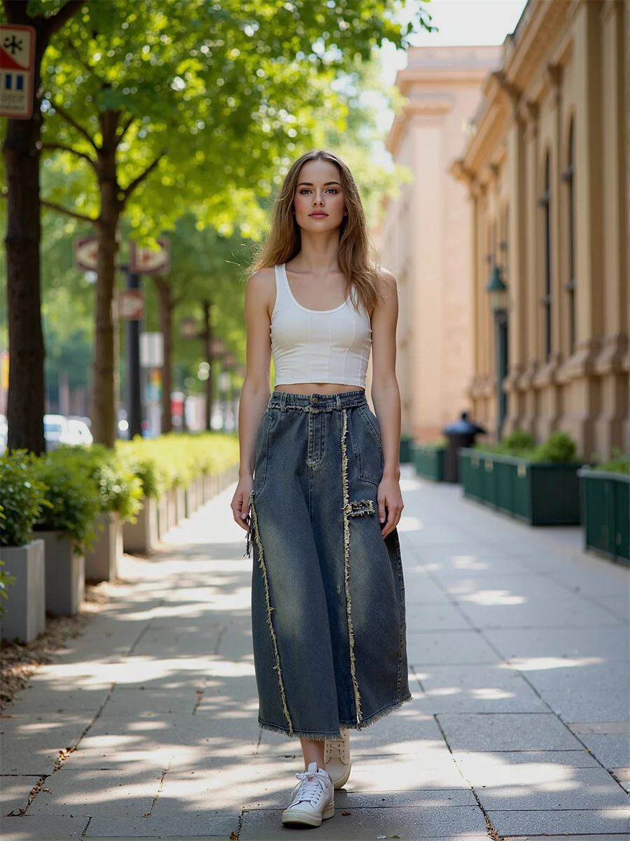 

Ankle length Denim Skirts Womens Cute Kawaii Ball Boho College Artistic Feminina Trendy Patchwork Classic Sweet Layered Chic